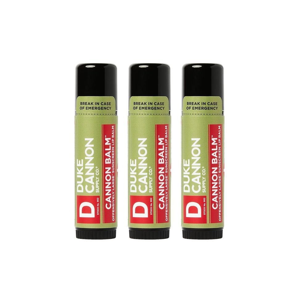 Duke Cannon front packaging showing three mint SPF 15 tubes for durable protection