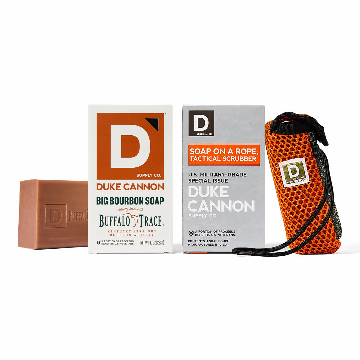Duke Cannon front packaging showing big bourbon soap and pouch, durable benefit