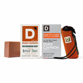 Duke Cannon front packaging showing big bourbon soap and pouch, durable benefit