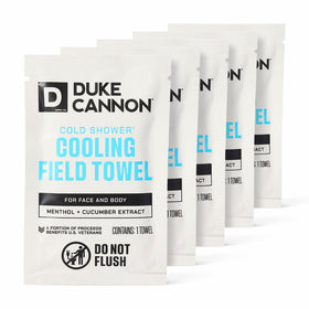 Duke Cannon front packaging showing 15 individually wrapped cooling towels for on-the-go refreshment