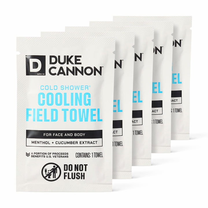 Duke Cannon front packaging showing 15 individually wrapped cooling towels for on-the-go refreshment