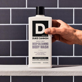 Duke Cannon close label view showing ingredients and industrial-strength benefit