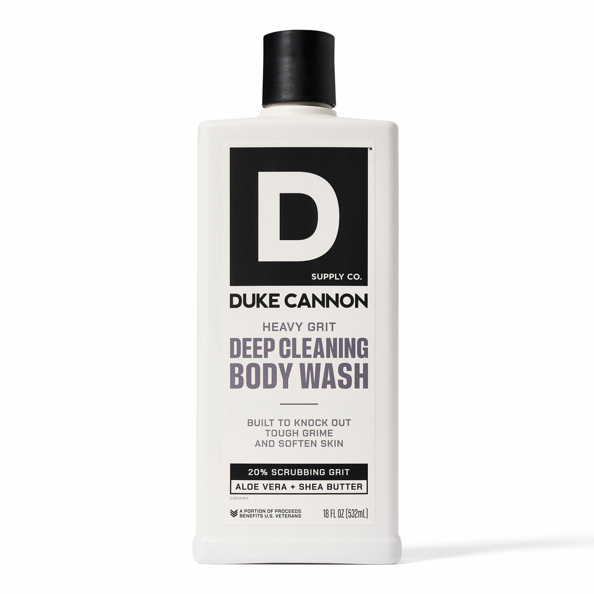Duke Cannon front bottle showing durable 18oz packaging and strong clean benefit