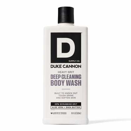 Duke Cannon front bottle showing durable 18oz packaging and strong clean benefit