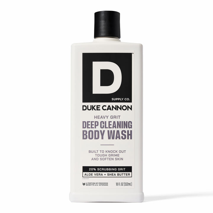 Duke Cannon front bottle showing durable 18oz packaging and strong clean benefit