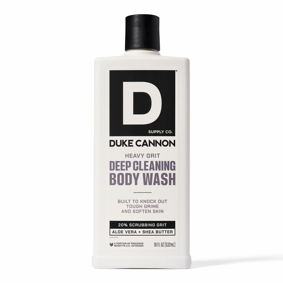 Duke Cannon front bottle showing durable 18oz packaging and strong clean benefit