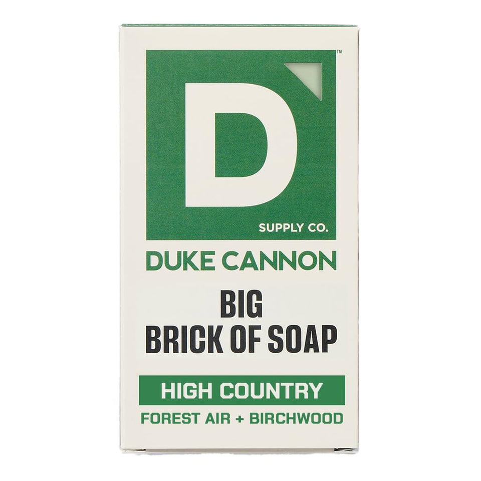 Duke Cannon front packaging showing High Country scent benefit of rugged scent