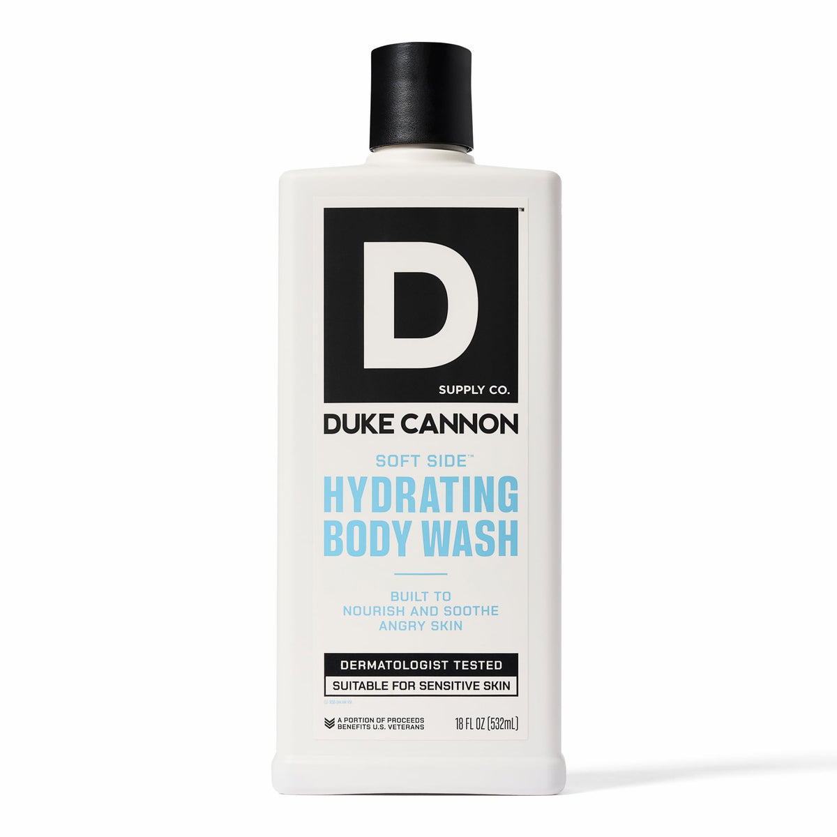 Duke Cannon front packaging showing 18oz bottle and product name for clear identification