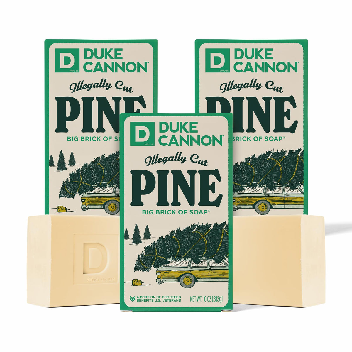 Duke Cannon front packaging showing holiday triple pack and bold branding, great gift