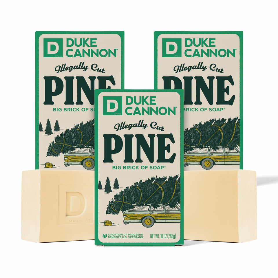 Duke Cannon front packaging showing holiday triple pack and bold branding, great gift