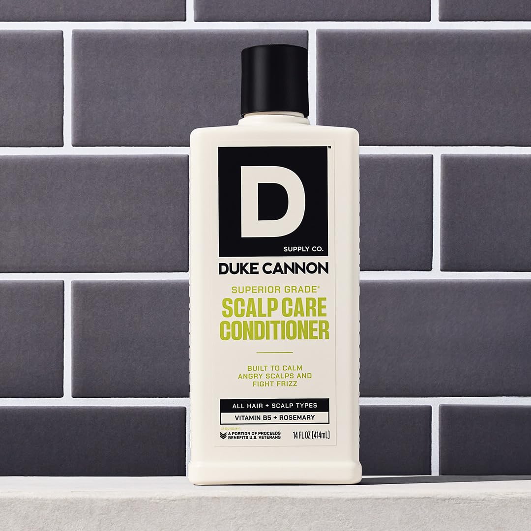 rosemary and arnica ingredients near Duke Cannon tube emphasizing scalp-soothing botanicals