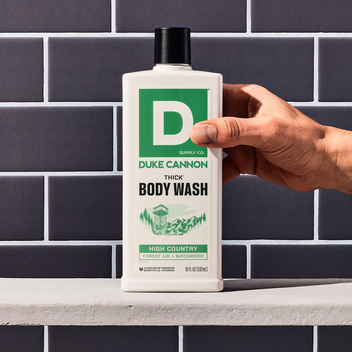 Duke Cannon label highlighting ingredients and free-from badges for safer formula