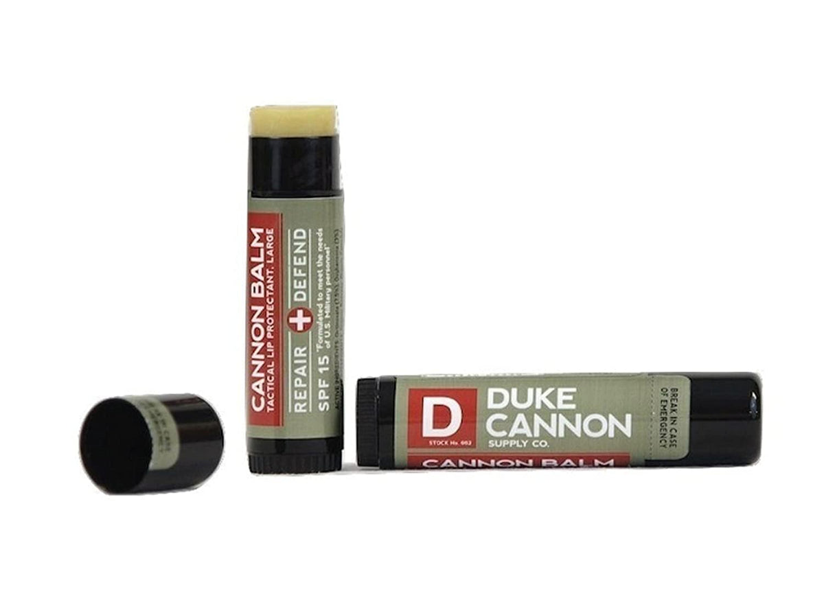 Duke Cannon tube beside common lip balm to show larger 0.56oz size and value