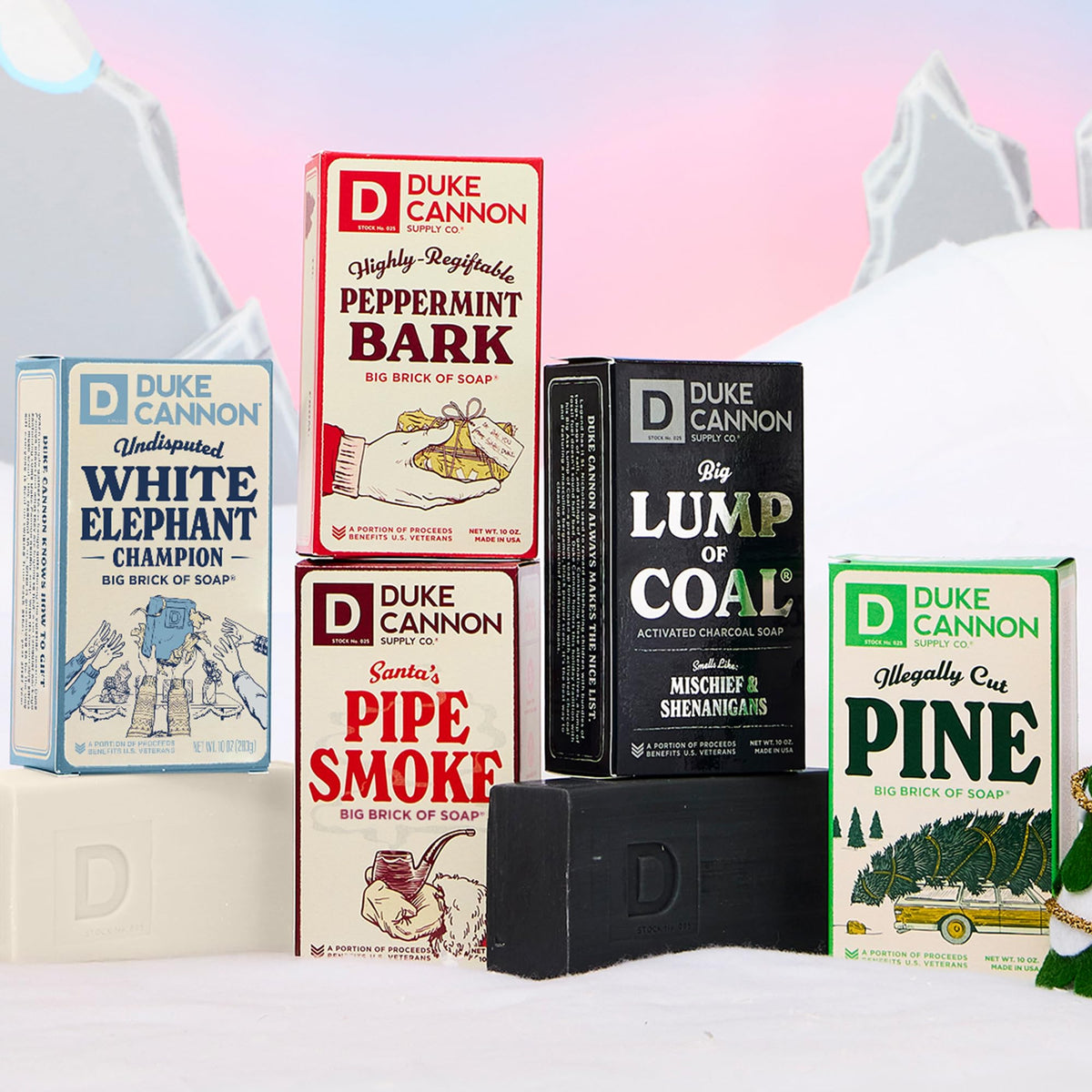 Duke Cannon soap in bathroom holiday setting ideal as a practical seasonal gift