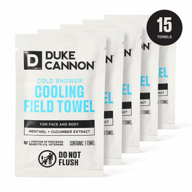 Duke Cannon field towel in outdoor setting showing cooling relief during travel or outdoor work