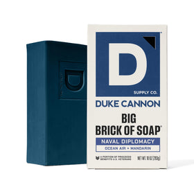 Duke Cannon soap positioned on shower shelf for everyday freshness