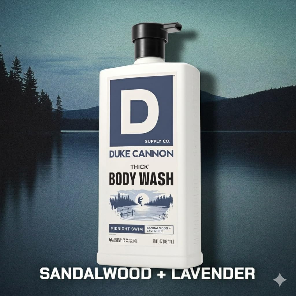 Duke Cannon bottle in shower setting conveying rugged grooming and refreshing scent