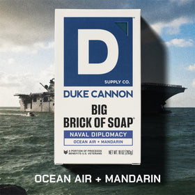 Duke Cannon Midnight Swim bar during bath routine suggesting soothing sandalwood and lavender calm