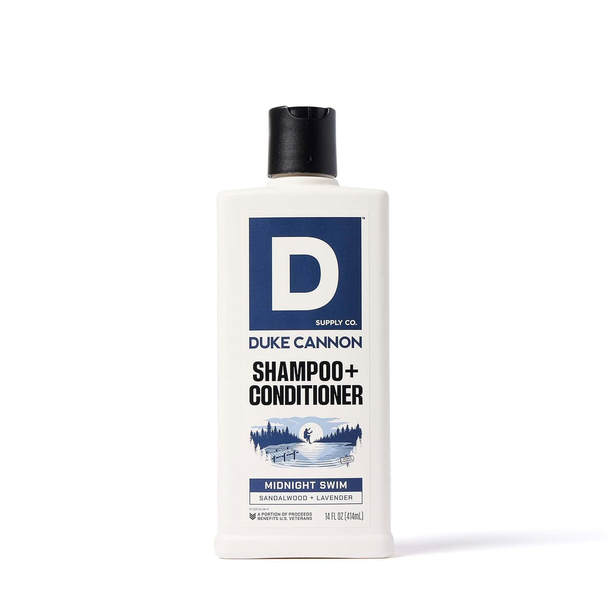 Duke Cannon front bottle showing Midnight Swim scent and size benefits