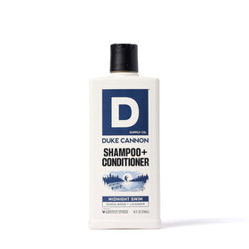 Duke Cannon front bottle showing Midnight Swim scent and size benefits