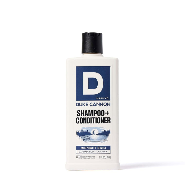 Duke Cannon front bottle showing Midnight Swim scent and size benefits