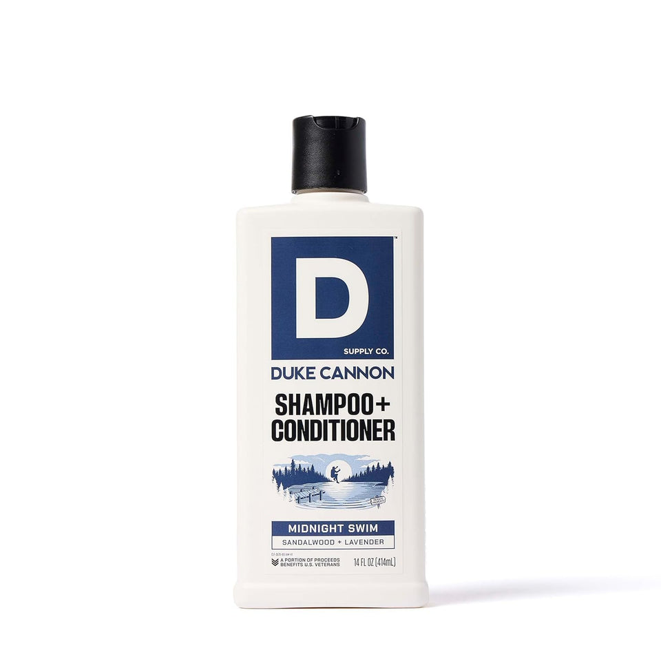 Duke Cannon front bottle showing Midnight Swim scent and size benefits