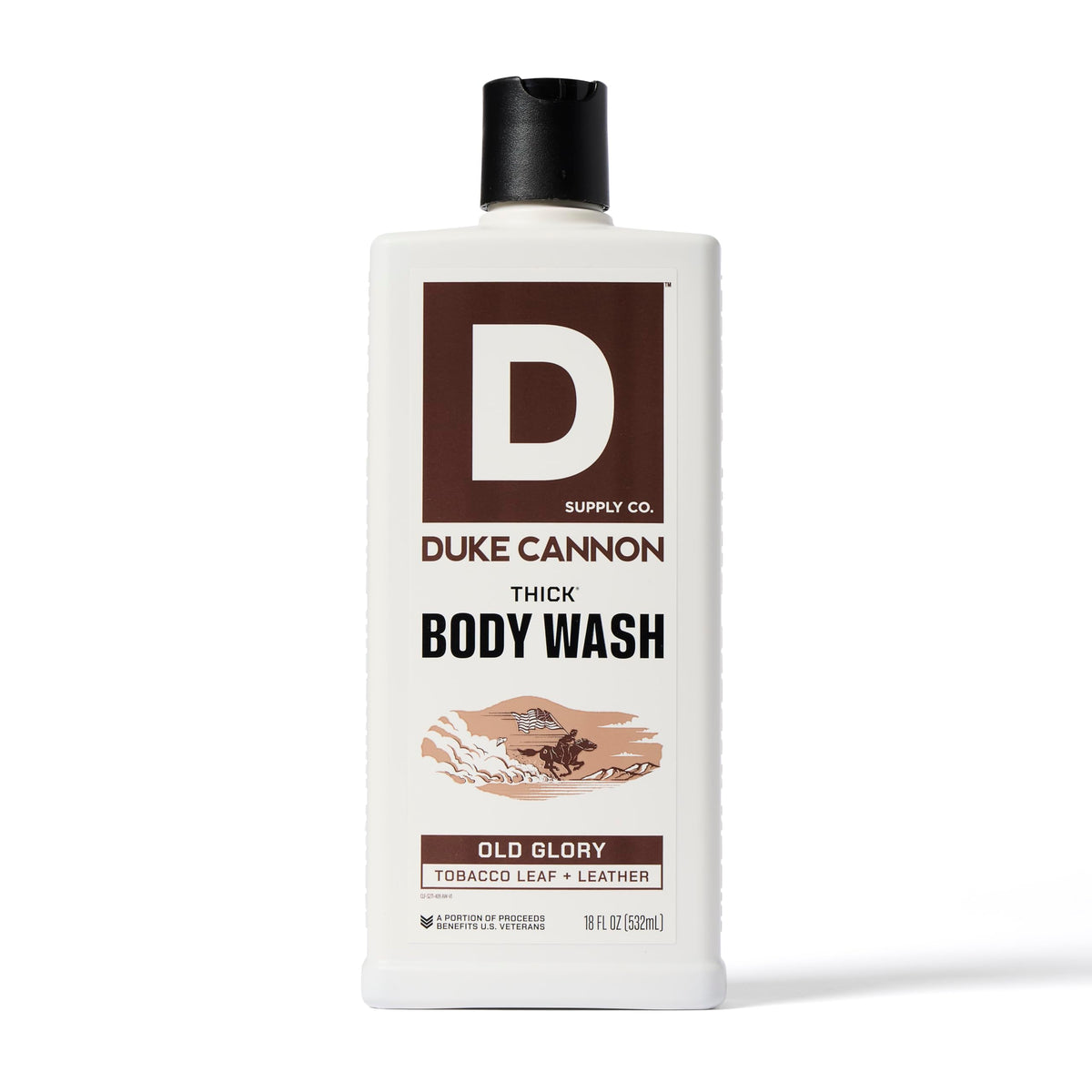 Duke Cannon bottle front view showing bold Old Glory scent and durable design