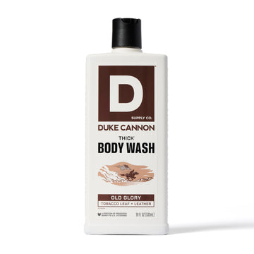 Duke Cannon bottle front view showing bold Old Glory scent and durable design