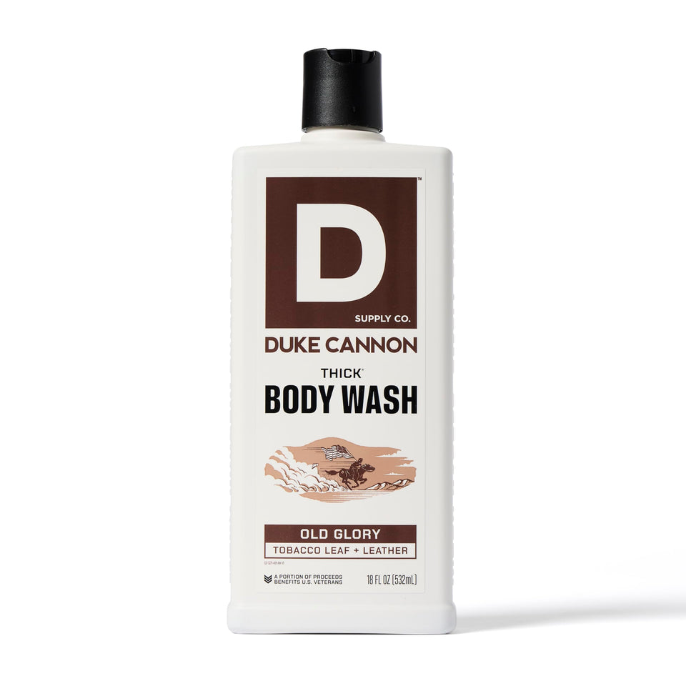 Duke Cannon bottle front view showing bold Old Glory scent and durable design