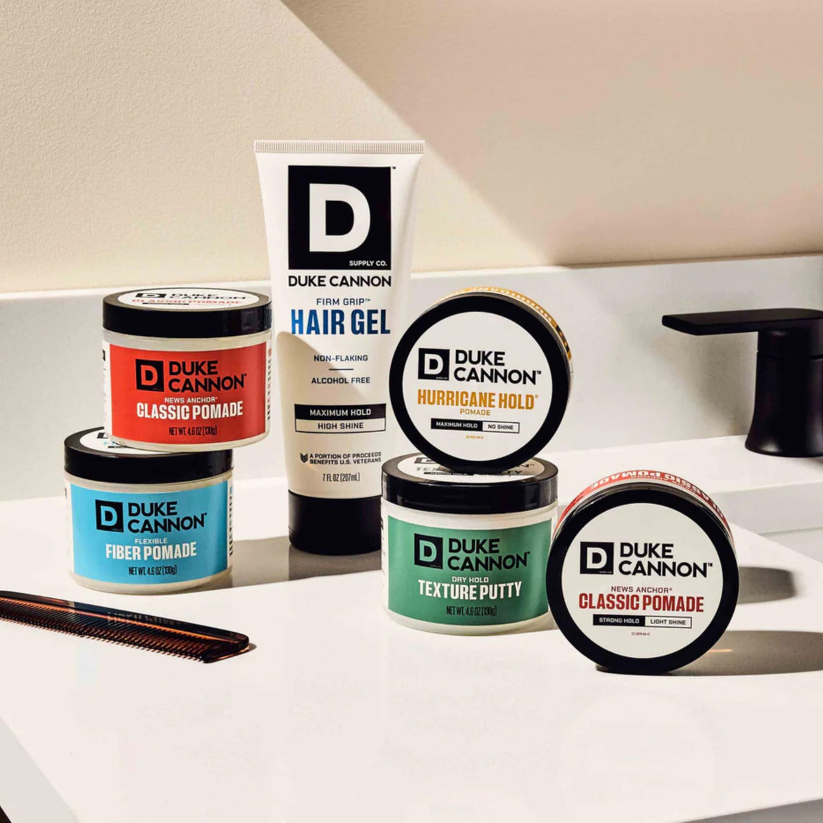 Duke Cannon pomade on bathroom shelf with grooming items promoting routine use