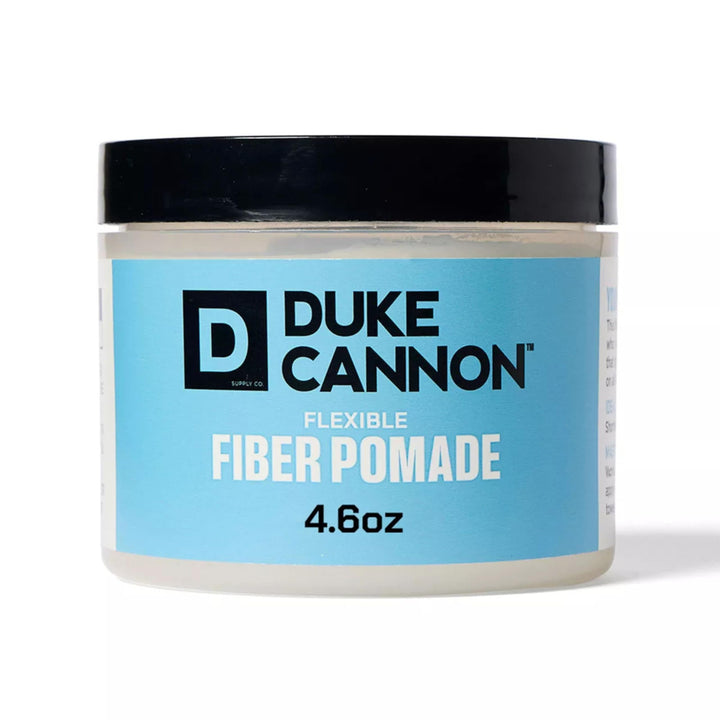 Duke Cannon pomade tin front view showing strong hold label and size benefit