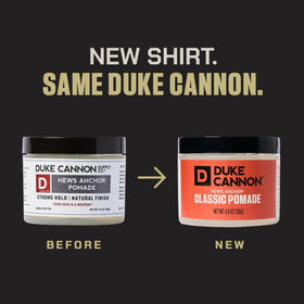 Applying Duke Cannon pomade with hand to hair, showing strong hold and styling ease