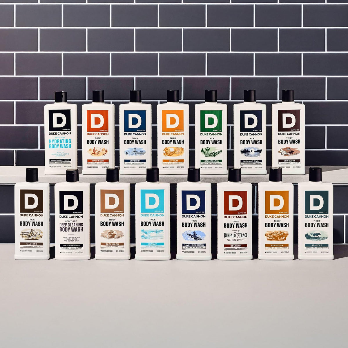 Duke Cannon bottle detail emphasizing recyclable packaging and eco benefit