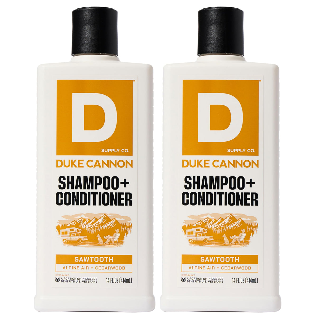 Duke Cannon front bottle showing sawtooth label and masculine scent benefit