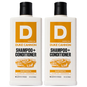 Duke Cannon front bottle showing sawtooth label and masculine scent benefit