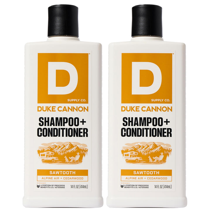 Duke Cannon front bottle showing sawtooth label and masculine scent benefit