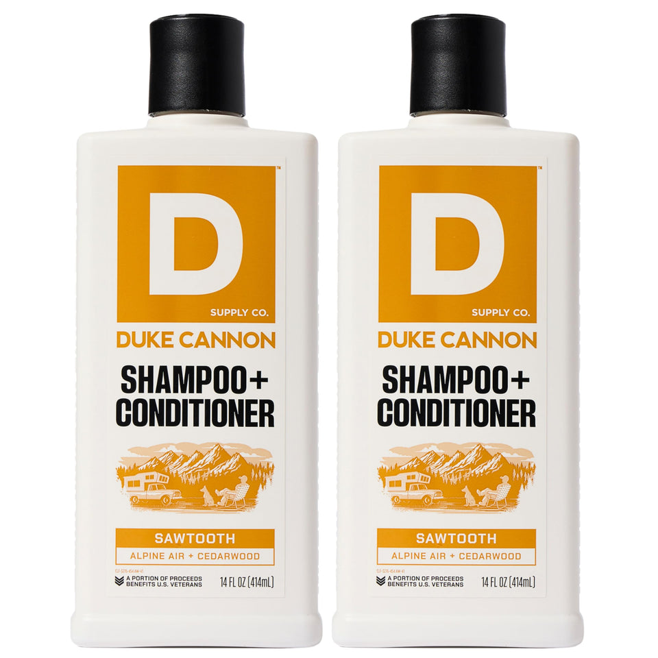 Duke Cannon front bottle showing sawtooth label and masculine scent benefit