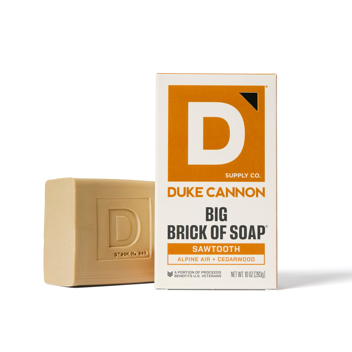 Duke Cannon bar in hand for scale showing the large 10 oz size and long-lasting value