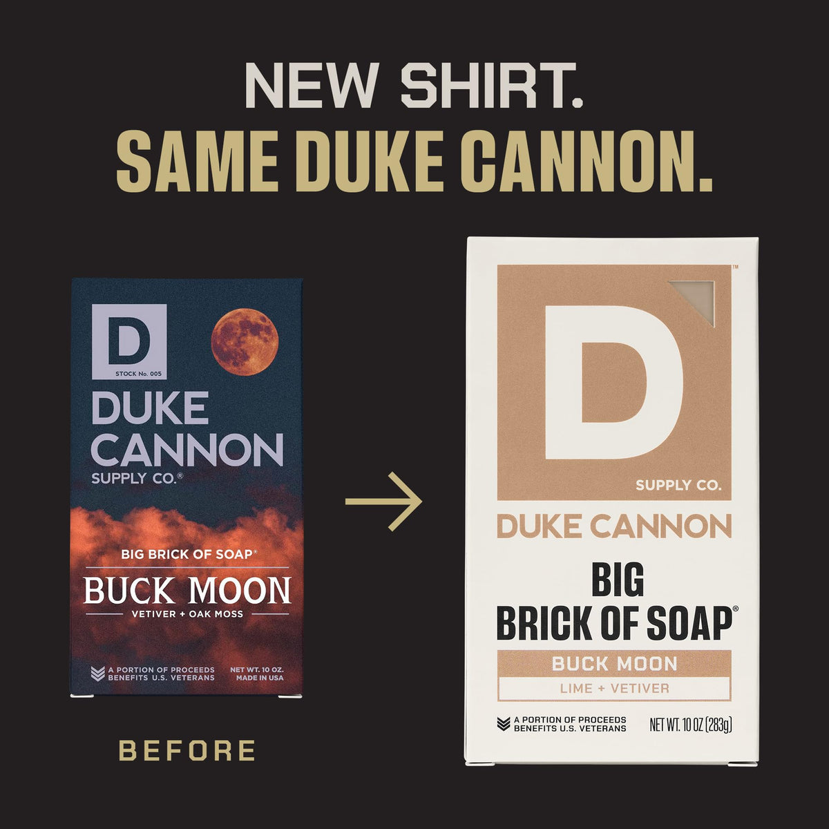 Duke Cannon bar side profile beside regular soap showing larger size advantage