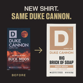 Duke Cannon bar side profile beside regular soap showing larger size advantage