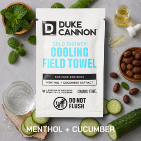Duke Cannon single menthol wipe close-up highlighting moist texture and instant cooling benefit
