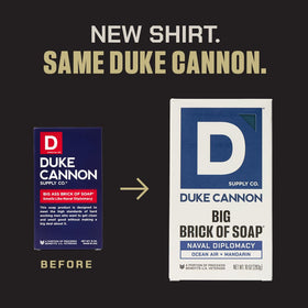 Duke Cannon size comparison in hand demonstrating the 10 oz large bar advantage