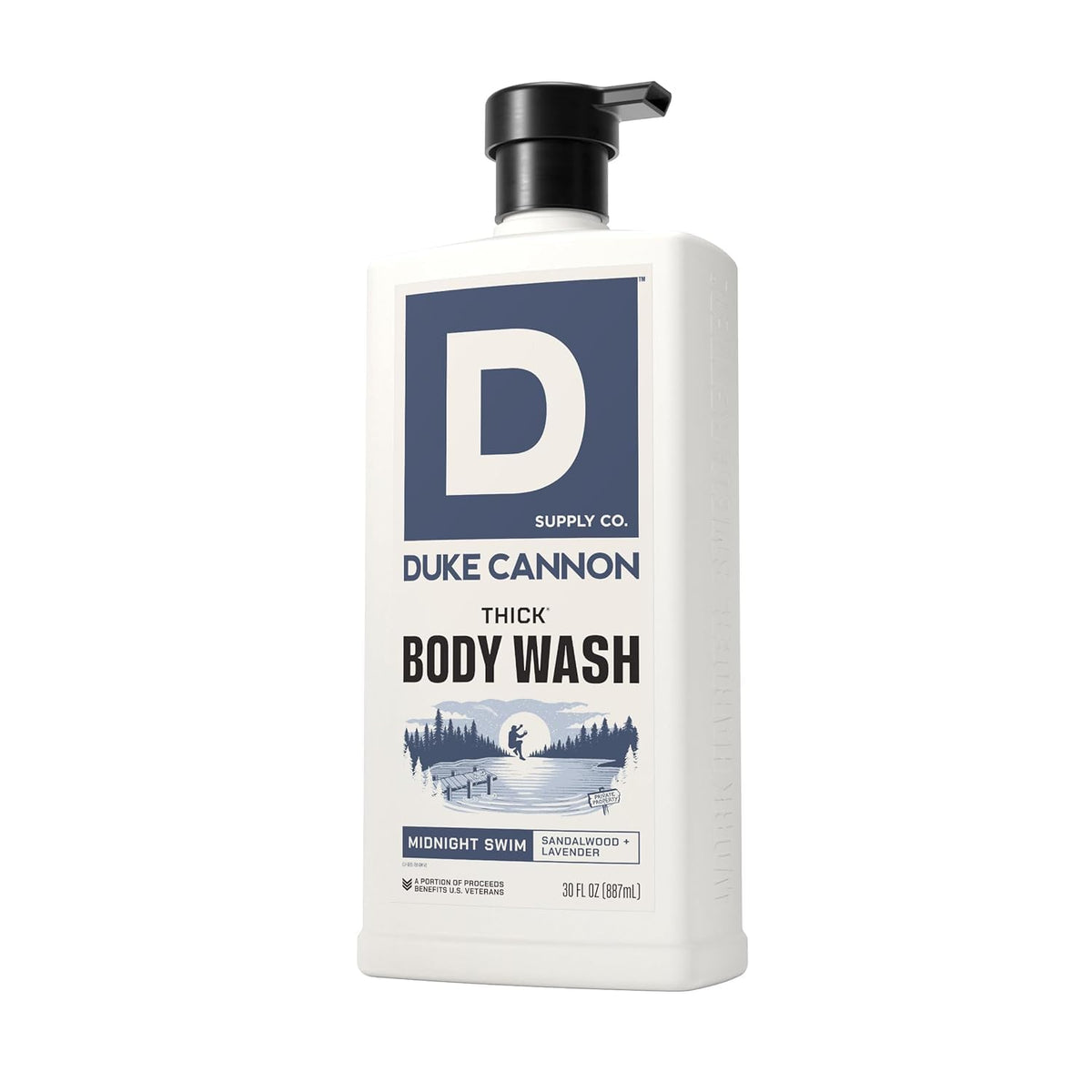 Duke Cannon bottle beside measuring cup showing 30 fl oz size and value