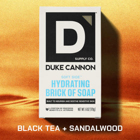Duke Cannon close-up of soap bar showing smooth surface and moisturizing shea effect