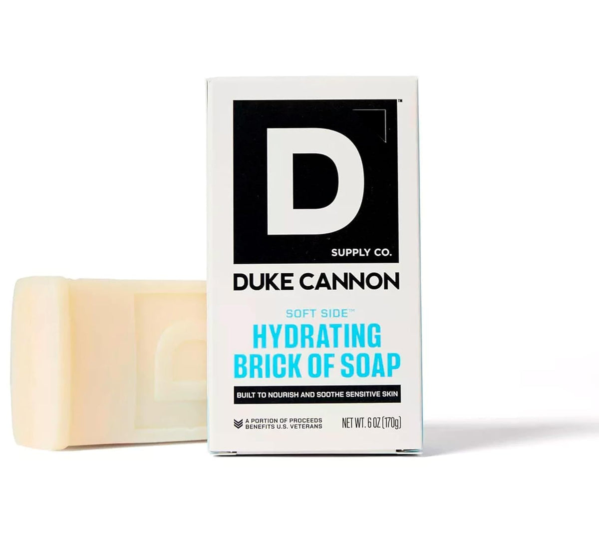 Duke Cannon front packaging shows the 6oz hydrating bar and clear branding benefit: durability