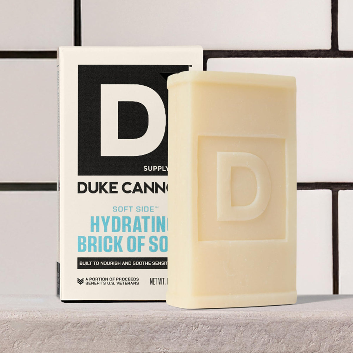 Duke Cannon ingredient graphic showing shea butter and oat extract for soothing benefits