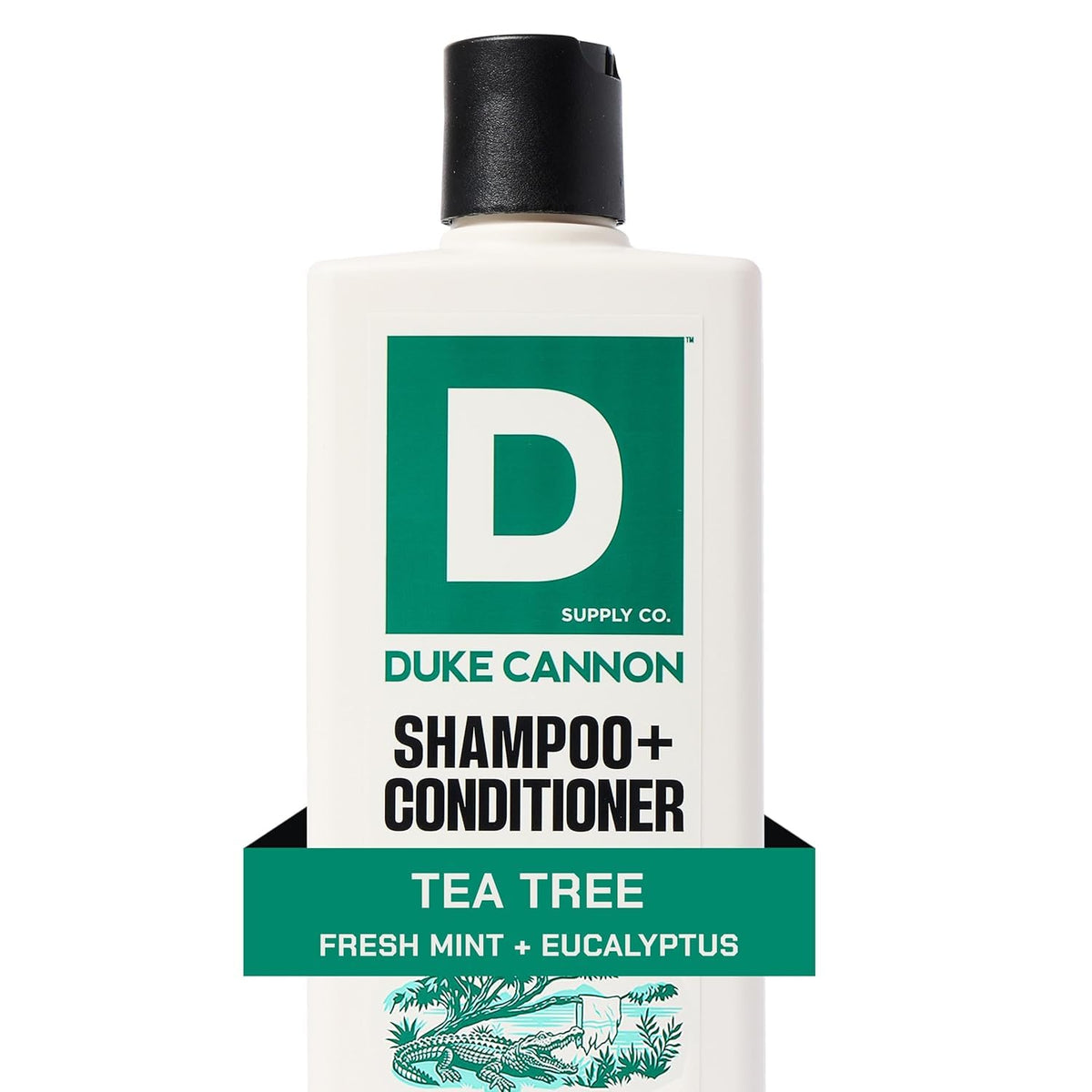 Man using Duke Cannon 2-in-1 in shower showcasing cooling scalp sensation and convenience