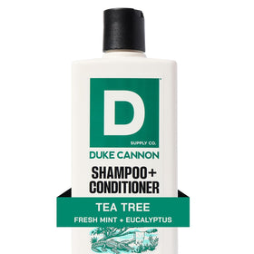 Man using Duke Cannon 2-in-1 in shower showcasing cooling scalp sensation and convenience