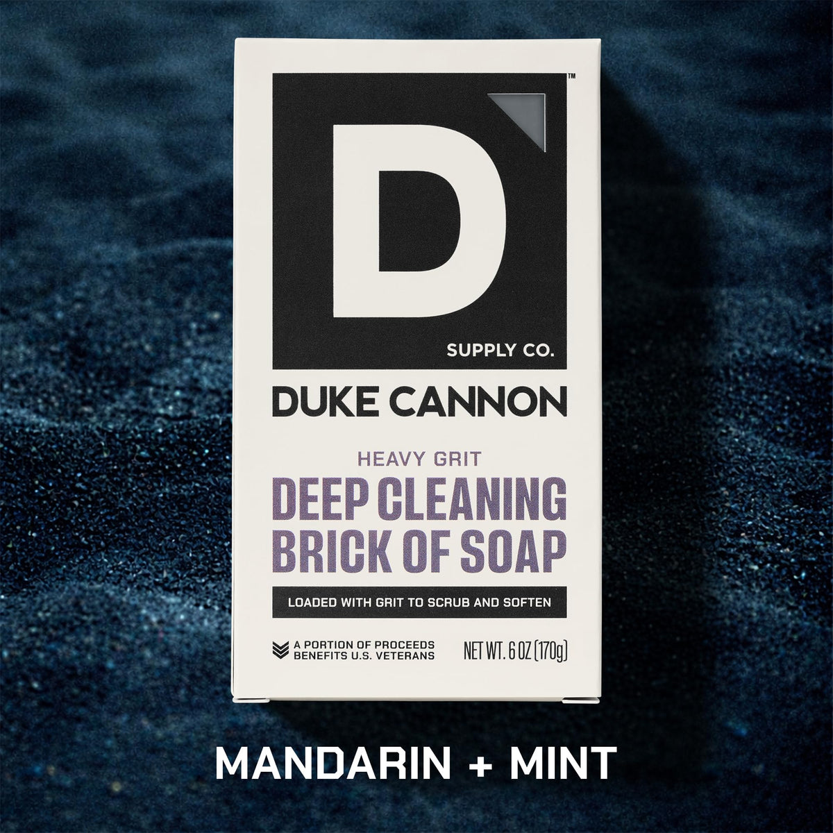 Duke Cannon close-up of gritty texture demonstrating exfoliating volcanic sand