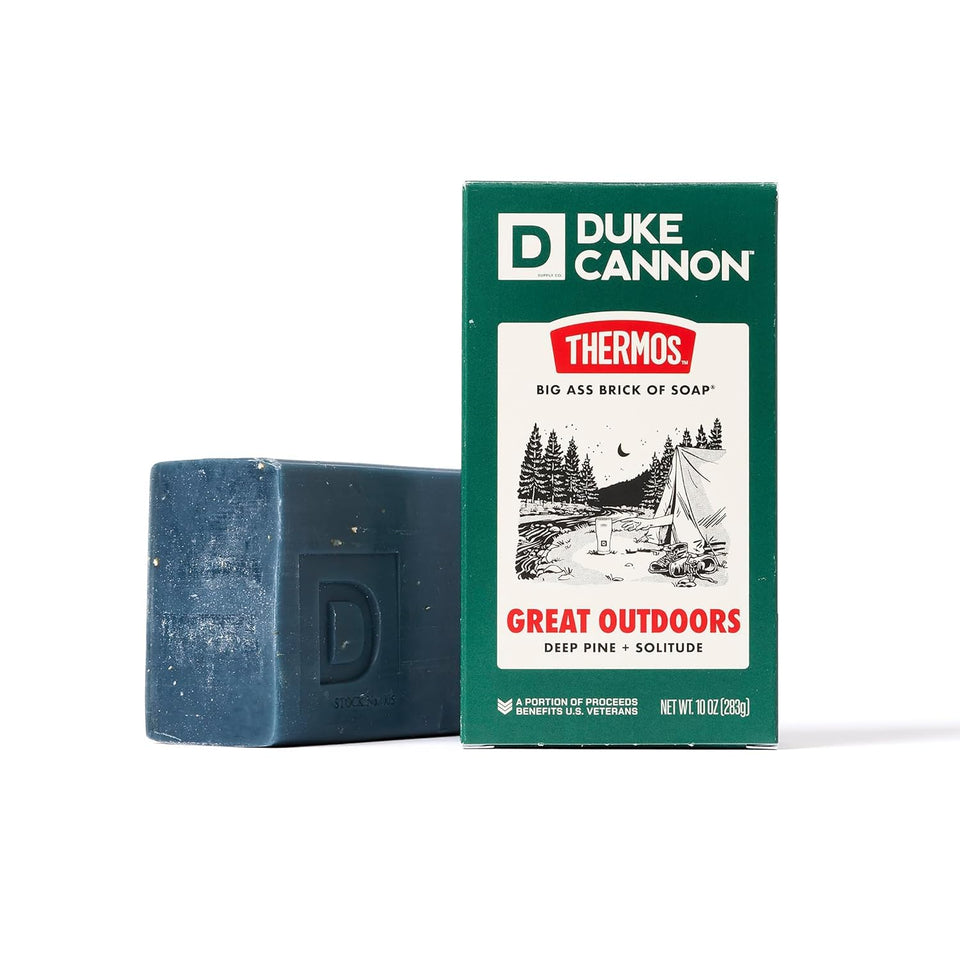 Duke Cannon packaging front view showing bold label and size benefit